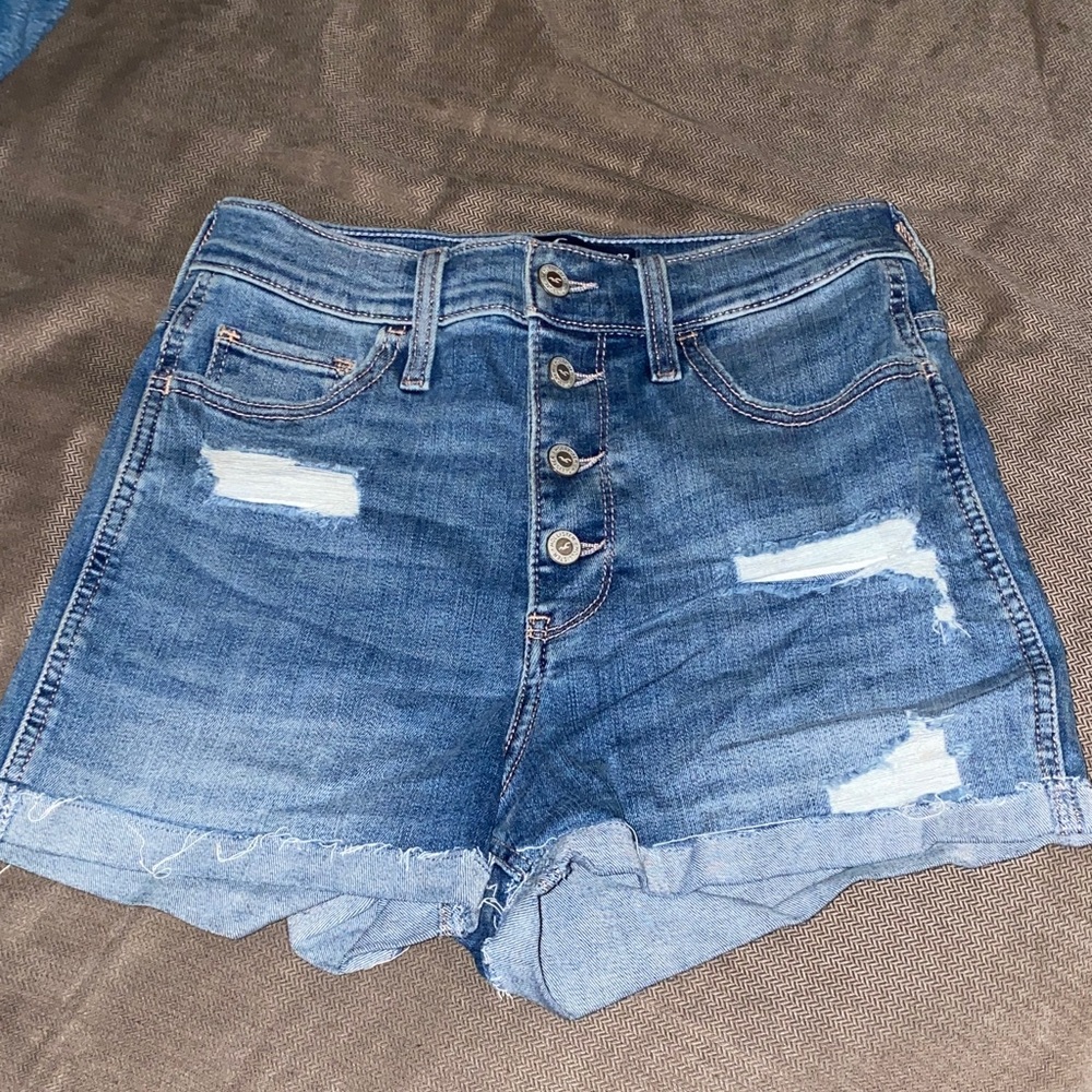 Hollister Medium Blue Distressed Button-Fly Denim Shorts